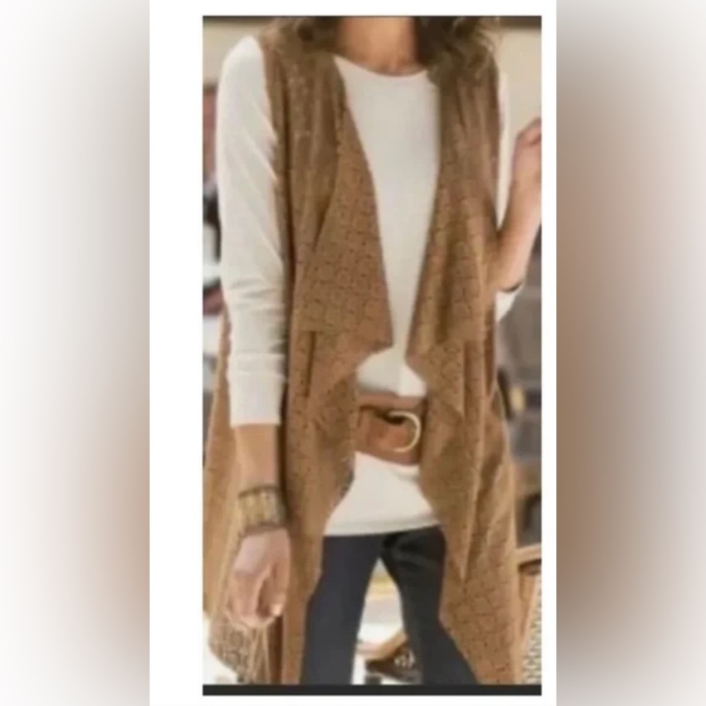 Soft surroundings faux suede brown vest laser cut waterfall size PLarge/PXL